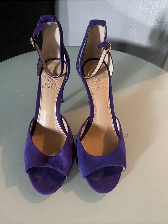 Vince Camuto Shoes - Vince Camuto Purple Suede Peep-Toe Ankle Strap Stilettos
